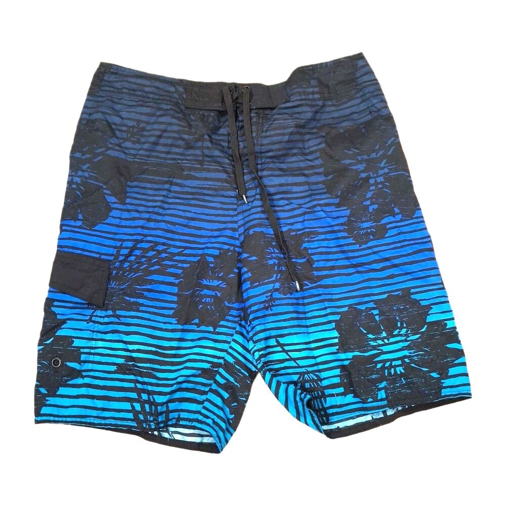 Carbon Board Shorts Mens 34 Blue Floral Striped Swim Trunks Beach Surf Water
